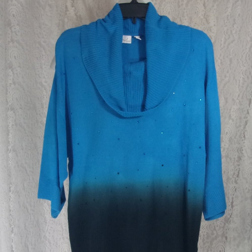 Kim Rogers Knit Sweater. Dipped Dyed Blue Black with Bling Stone Accents NWOT